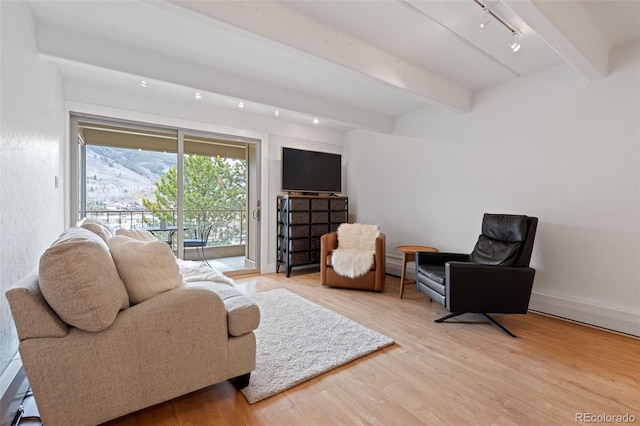 220 E Ln Bonte St Unit 317, Dillon, CO 80435 - living room with beamed ceiling, wood finished floors, and rail lighting