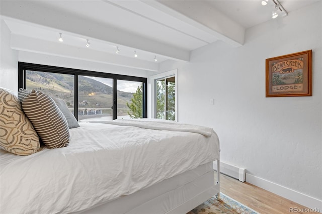 220 E Ln Bonte St Unit 317, Dillon, CO 80435 - bedroom featuring track lighting, access to exterior, wood finished floors, baseboards, and a baseboard heating unit