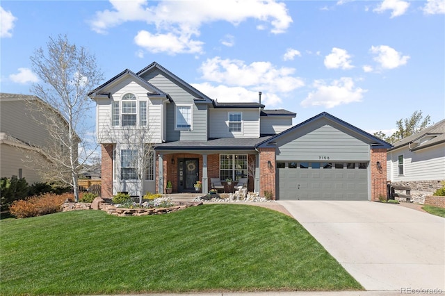 7106 Cerney Cir, Castle Pines, CO 80108 - view of front of property with covered porch, a front yard, brick siding, an attached garage, and driveway