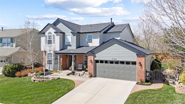 7106 Cerney Cir, Castle Pines, CO 80108 - traditional-style home featuring fence, brick siding, a garage, a front yard, and driveway