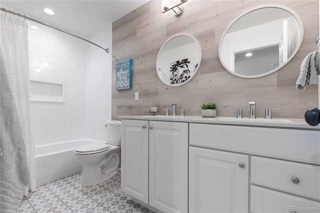 7106 Cerney Cir, Castle Pines, CO 80108 - full bathroom with a sink, double vanity, toilet, tile patterned floors, and shower / bath combination with curtain