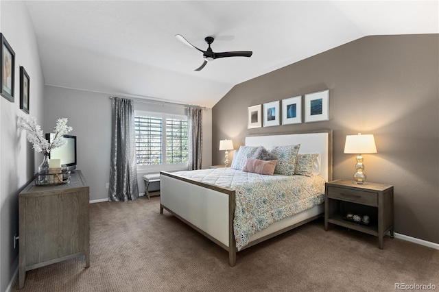 7106 Cerney Cir, Castle Pines, CO 80108 - carpeted bedroom with a ceiling fan, baseboards, and lofted ceiling