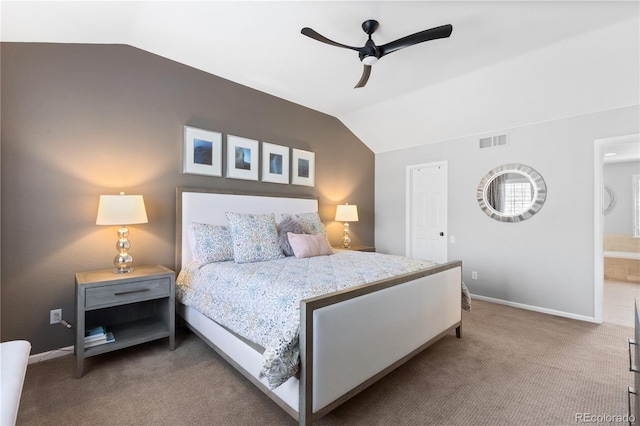 7106 Cerney Cir, Castle Pines, CO 80108 - bedroom with a ceiling fan, visible vents, baseboards, lofted ceiling, and carpet flooring