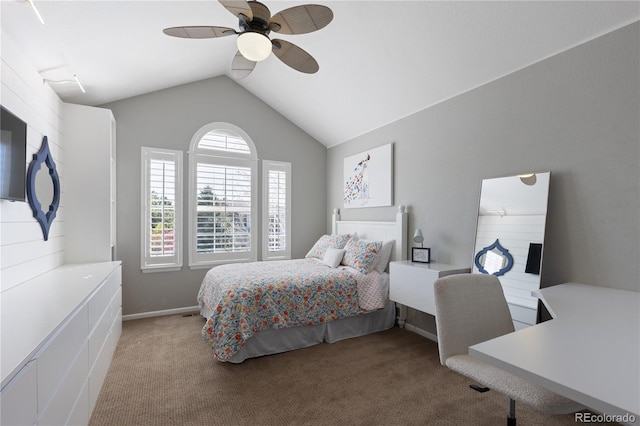 7106 Cerney Cir, Castle Pines, CO 80108 - bedroom with ceiling fan, vaulted ceiling, baseboards, and carpet