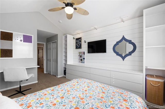 7106 Cerney Cir, Castle Pines, CO 80108 - carpeted bedroom featuring baseboards, ceiling fan, a closet, and lofted ceiling