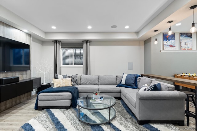 7106 Cerney Cir, Castle Pines, CO 80108 - living area with recessed lighting, a raised ceiling, and light wood finished floors