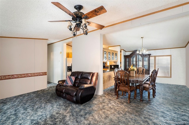 dining room featuring crown molding, ceiling fan with notable chandelier, a textured ceiling, and dark colored carpet