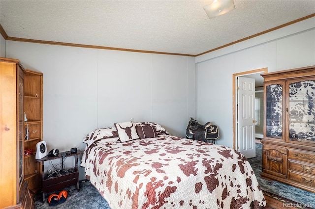 bedroom with dark carpet, crown molding, and a textured ceiling