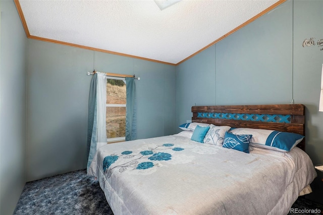 bedroom with crown molding, dark carpet, and a textured ceiling