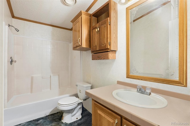 full bathroom with vanity, ornamental molding, a textured ceiling, shower / bathtub combination, and toilet