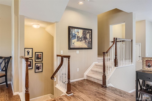 stairway with hardwood / wood-style flooring