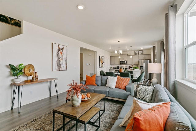 living room with dark hardwood / wood-style floors and an inviting chandelier