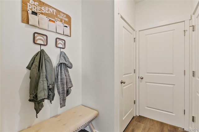 mudroom with light hardwood / wood-style flooring