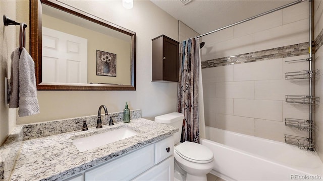 32350 E 137th Way, Brighton, CO 80603 - full bathroom featuring toilet, vanity, shower / tub combo with curtain, and a textured ceiling