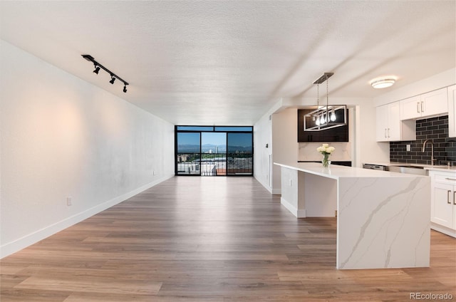 2 Adams St Unit 1504, Denver, CO 80206 - kitchen with open floor plan, white cabinets, decorative light fixtures, expansive windows, and track lighting