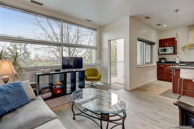 living room featuring baseboards, light wood-style flooring, and visible vents