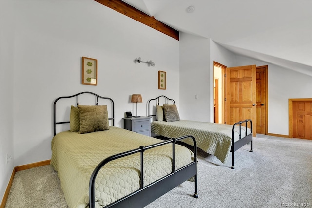 carpeted bedroom featuring vaulted ceiling with beams and baseboards