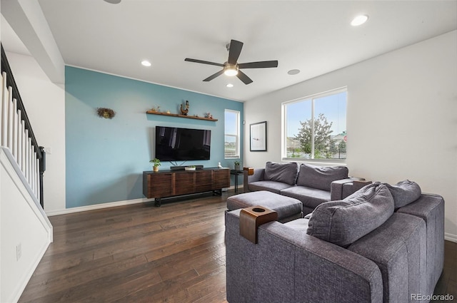 13108 Stoney Meadows Way, Peyton, CO 80831 - living area with stairs, ceiling fan, dark wood-style flooring, and recessed lighting