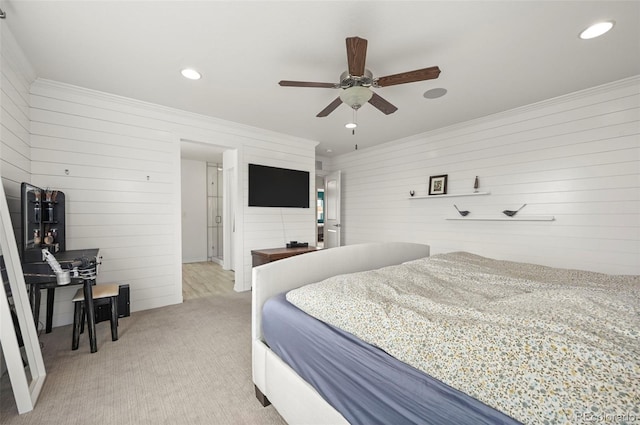 13108 Stoney Meadows Way, Peyton, CO 80831 - bedroom featuring wood walls, crown molding, light carpet, recessed lighting, and ceiling fan