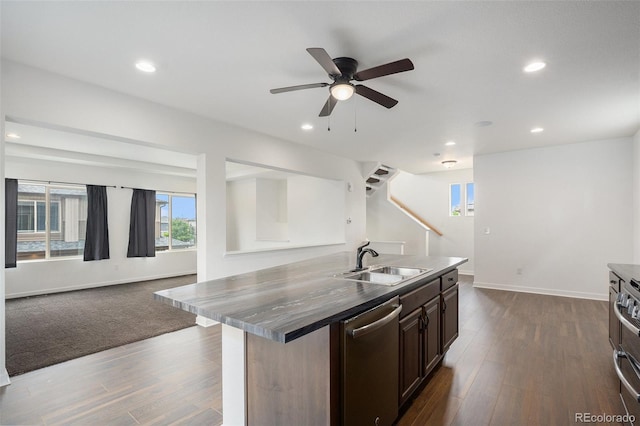 19096 E 55th Ave, Denver, CO 80249 - kitchen featuring a sink, dishwasher, open floor plan, a ceiling fan, and recessed lighting