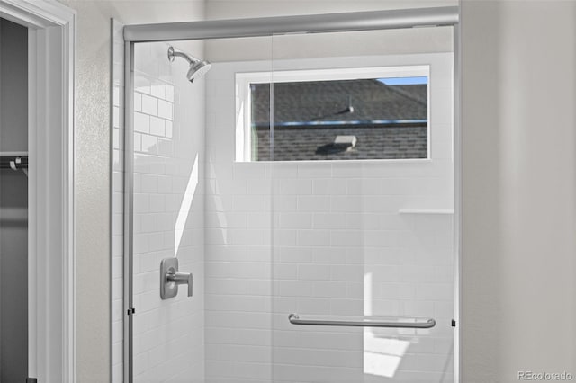 bathroom featuring a shower with door