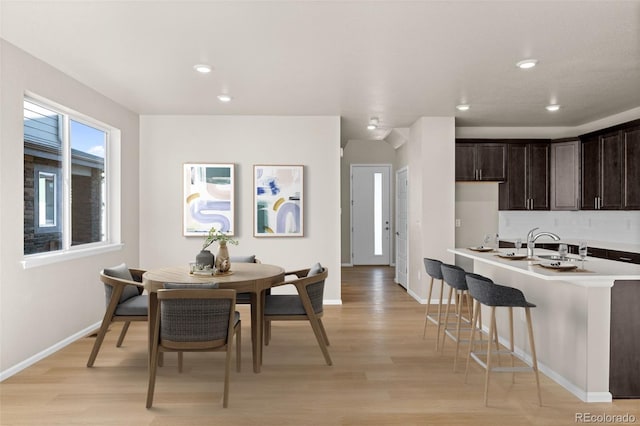 dining area with sink and light hardwood / wood-style flooring