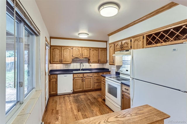7995 Robin Ln, Denver, CO 80221 - kitchen with white appliances, a sink, under cabinet range hood, dark wood-style floors, and ornamental molding