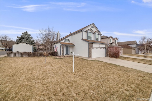 view of front of property featuring brick siding, a chimney, concrete driveway, fence, and a garage