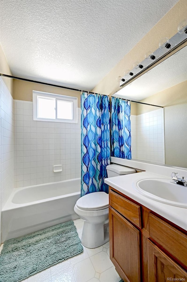 4863 Quail Ct, Frederick, CO 80504 - full bath with shower / bathtub combination with curtain, toilet, vanity, a textured ceiling, and tile patterned floors