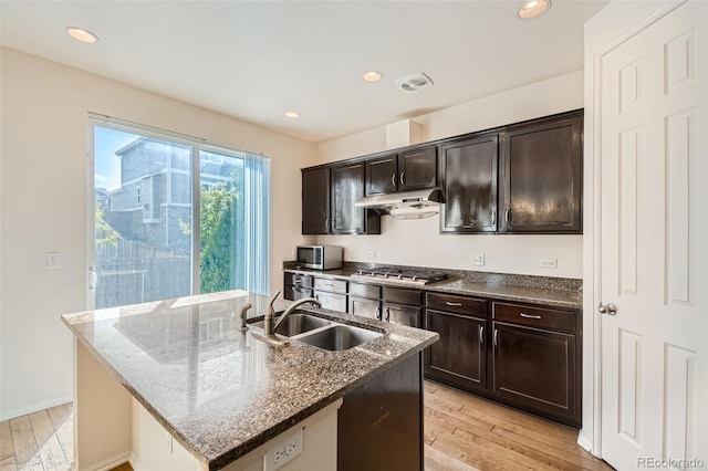 kitchen with appliances with stainless steel finishes, light wood-style floors, a sink, dark stone countertops, and under cabinet range hood