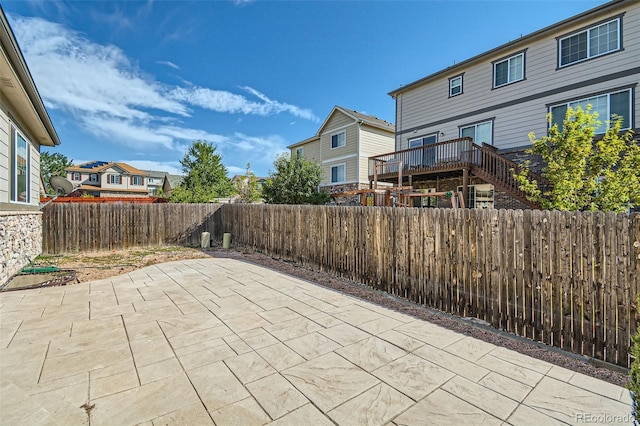 view of patio featuring a fenced backyard and a residential view