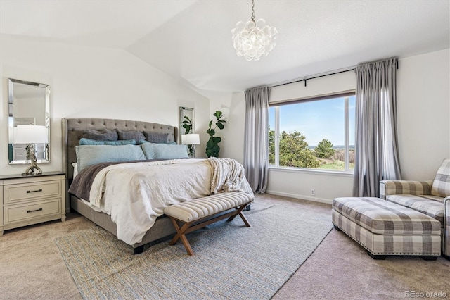 bedroom featuring an inviting chandelier, light carpet, baseboards, and lofted ceiling