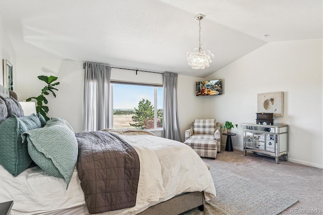 bedroom with lofted ceiling, carpet flooring, a chandelier, and baseboards