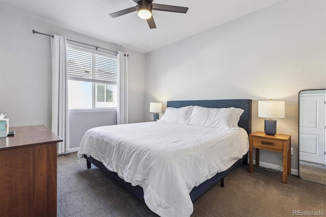 bedroom with dark carpet and ceiling fan