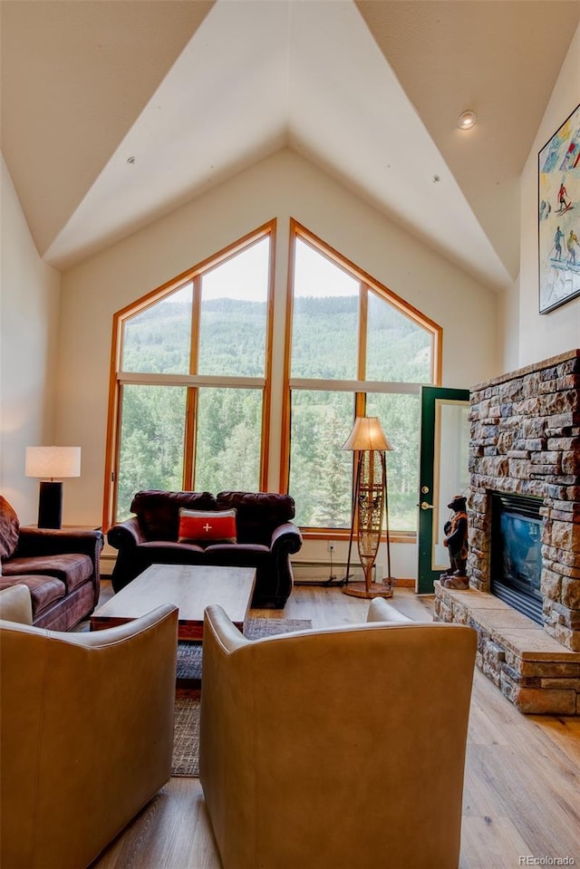 23110 US Highway 6 Unit 5040, Keystone, CO 80435 - living area featuring lofted ceiling, a fireplace, and wood finished floors