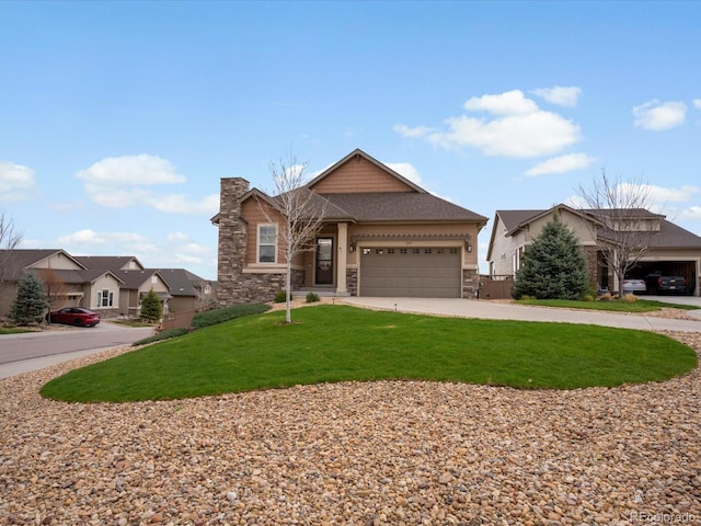 view of front of house with an attached garage, stone siding, driveway, a front yard, and a chimney