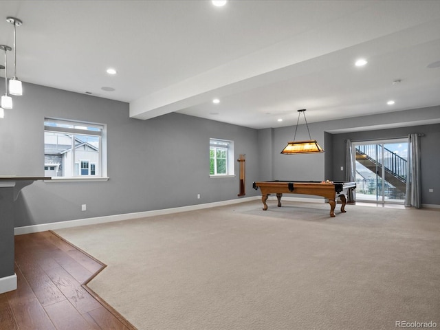 recreation room with baseboards, recessed lighting, and billiards