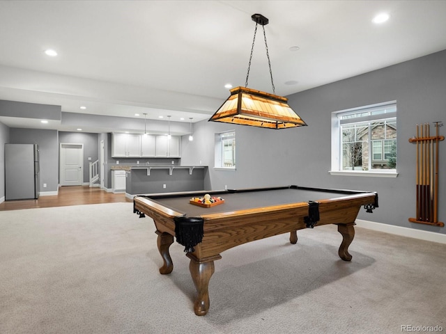 rec room featuring billiards, light colored carpet, baseboards, and recessed lighting