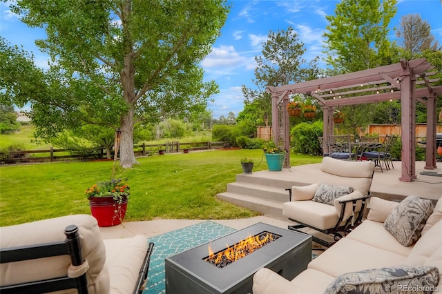 2061 Chesapeake Pl, Highlands Ranch, CO 80126 - fenced backyard with an outdoor living space with a fire pit, a pergola, and a patio area