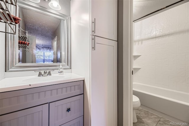 full bathroom with toilet, washtub / shower combination, a textured ceiling, and vanity