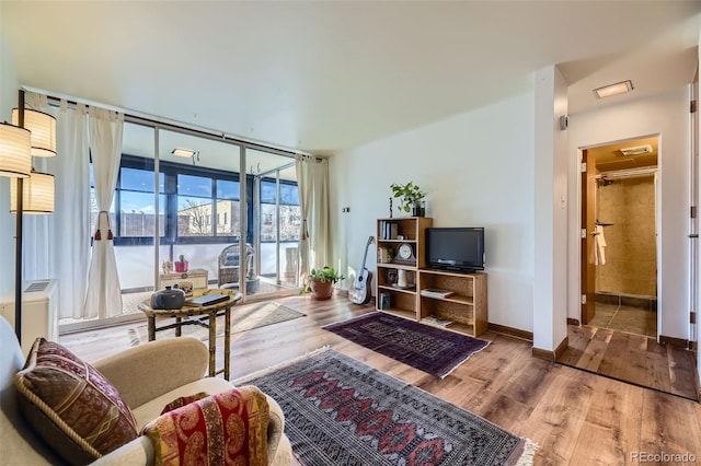 living room with expansive windows and wood-type flooring