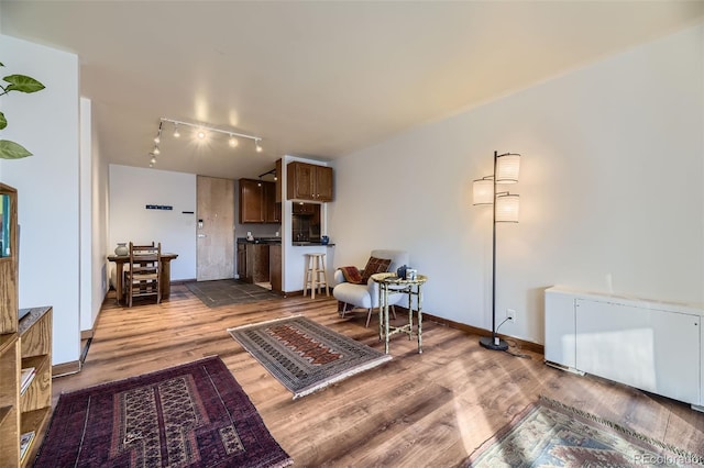 living room with track lighting and hardwood / wood-style floors