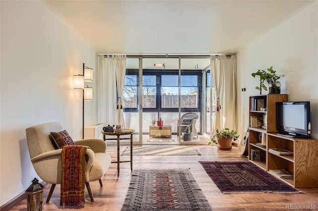 sitting room featuring a wall of windows and hardwood / wood-style flooring