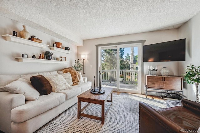 living room with a textured ceiling