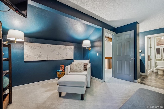 living area with carpet floors and a textured ceiling