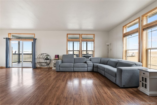 living room featuring dark hardwood / wood-style floors and plenty of natural light