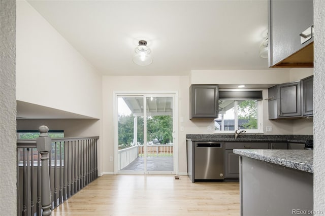 4760 S Wright Way, Morrison, CO 80465 - kitchen featuring dishwasher, light wood-style flooring, and gray cabinetry