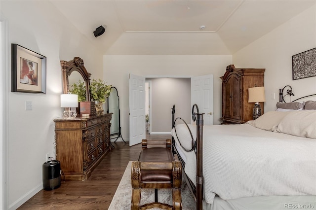 20182 E Maplewood Pl, Centennial, CO 80016 - bedroom with dark wood-style floors, baseboards, and lofted ceiling