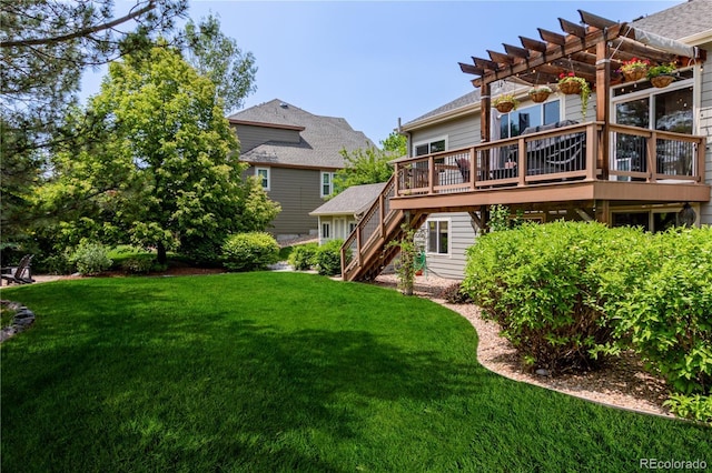 20182 E Maplewood Pl, Centennial, CO 80016 - view of green lawn with a pergola, a deck, and stairs