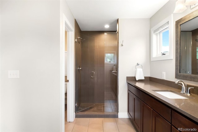 5586 Colorow Dr, Morrison, CO 80465 - full bathroom with a shower stall, vanity, tile patterned flooring, toilet, and baseboards